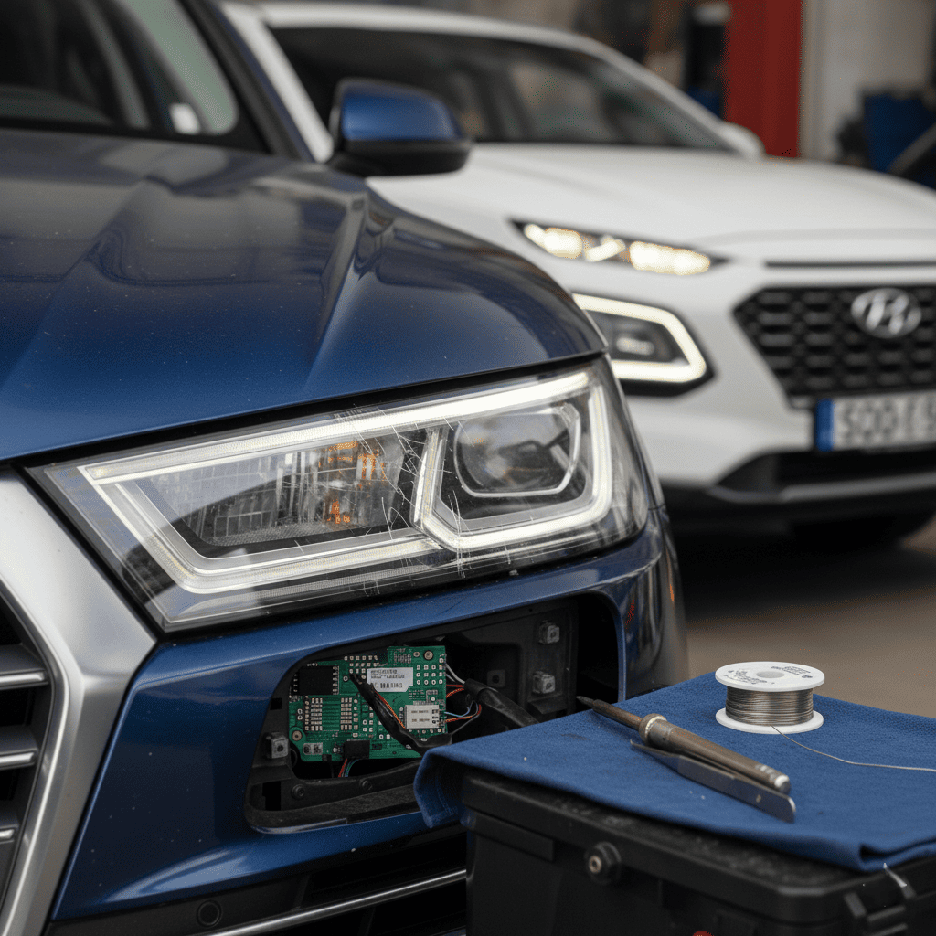 Жовтіють ДХВ («вії») на Audi та Hyundai: Чому заміна плати не допоможе і як врятувати фару?